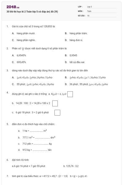 30 Đề thi học kì 2 Toán lớp 5 có đáp án( đề 29)