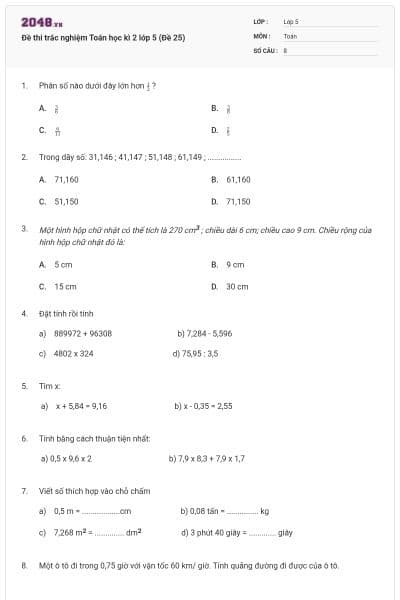 Đề thi trắc nghiệm Toán học kì 2 lớp 5 (Đề 25)