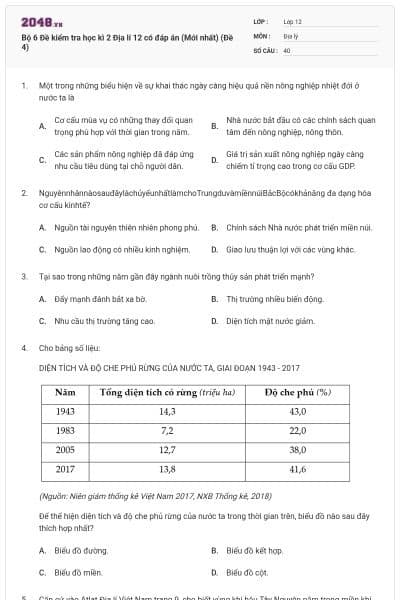 Bộ 6 Đề kiểm tra học kì 2 Địa lí 12 có đáp án (Mới nhất) (Đề 4)
