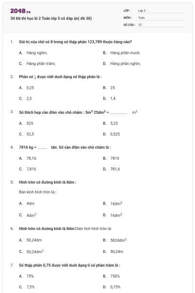 30 Đề thi học kì 2 Toán lớp 5 có đáp án( đề 30)