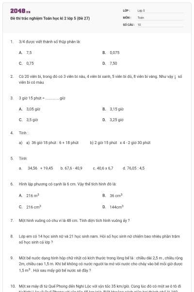 Đề thi trắc nghiệm Toán học kì 2 lớp 5 (Đề 27)