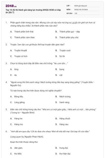 Top 10 đề thi Đánh giá năng lực trường ĐHQG HCM có đáp án (Đề 7)
