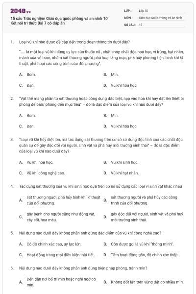 15 câu Trắc nghiệm Giáo dục quốc phòng và an ninh 10 Kết nối tri thức Bài 7 có đáp án