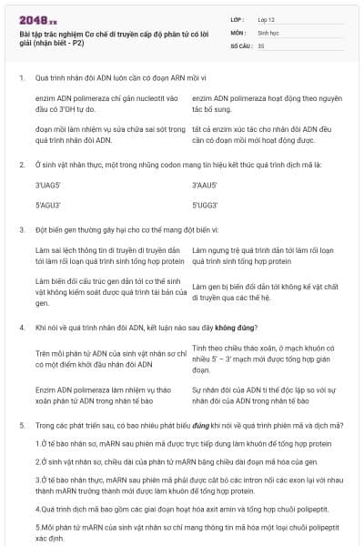 Bài tập trắc nghiệm Cơ chế di truyền cấp độ phân tử có lời giải (nhận biết - P2)