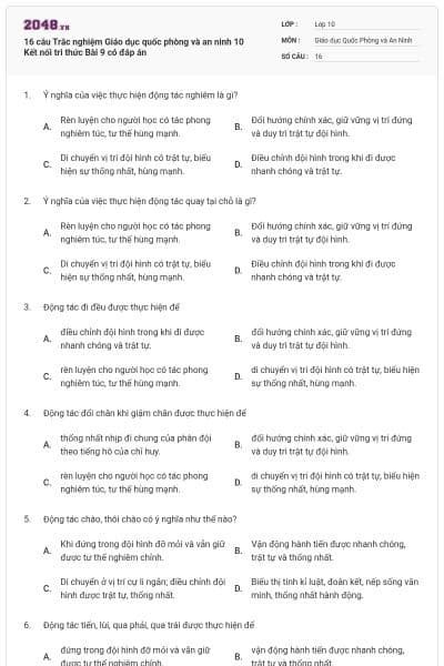 16 câu Trắc nghiệm Giáo dục quốc phòng và an ninh 10 Kết nối tri thức Bài 9 có đáp án