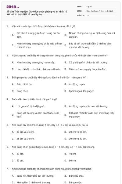 15 câu Trắc nghiệm Giáo dục quốc phòng và an ninh 10 Kết nối tri thức Bài 12 có đáp án