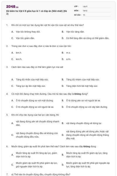 Đề kiểm tra Vật lí 8 giữa học kì 1 có đáp án (Mới nhất) (Đề 3)
