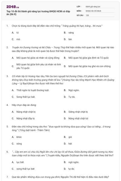 Top 10 đề thi Đánh giá năng lực trường ĐHQG HCM có đáp án (Đề 8)