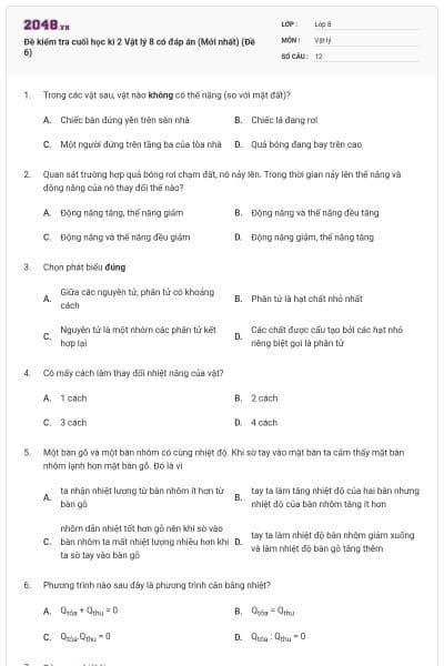 Đề kiểm tra cuối học kì 2 Vật lý 8 có đáp án (Mới nhất) (Đề 6)