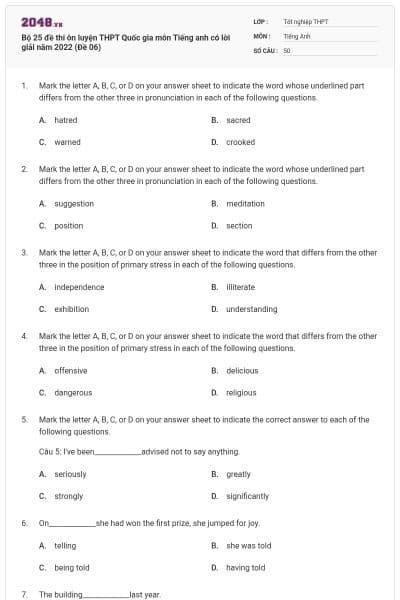 Bộ 25 đề thi ôn luyện THPT Quốc gia môn Tiếng anh có lời giải năm 2022 (Đề 06)