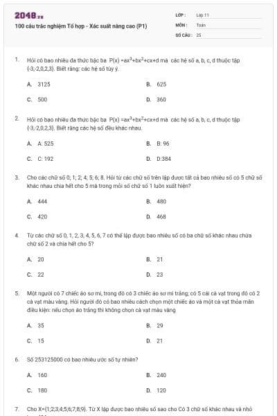 100 câu trắc nghiệm Tổ hợp - Xác suất nâng cao (P1)