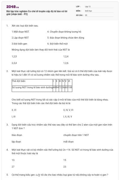 Bài tập trắc nghiệm Cơ chế di truyền cấp độ tế bào có lời giải (nhận biết - P2)