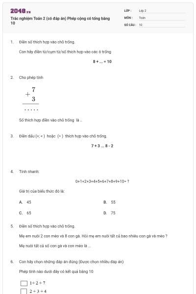 Trắc nghiệm Toán 2 (có đáp án) Phép cộng có tổng bằng 10