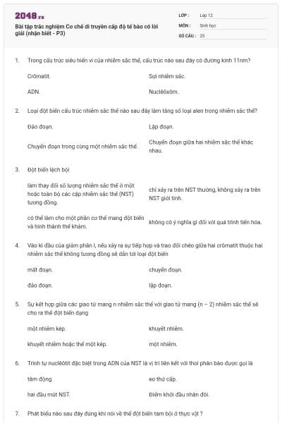 Bài tập trắc nghiệm Cơ chế di truyền cấp độ tế bào có lời giải (nhận biết - P3)
