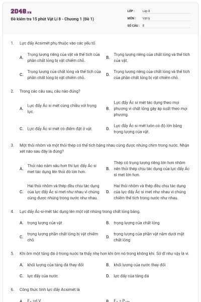 Đề kiểm tra 15 phút Vật Lí 8 - Chương 1 (Đề 1)