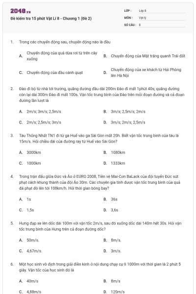 Đề kiểm tra 15 phút Vật Lí 8 - Chương 1 (Đề 2)