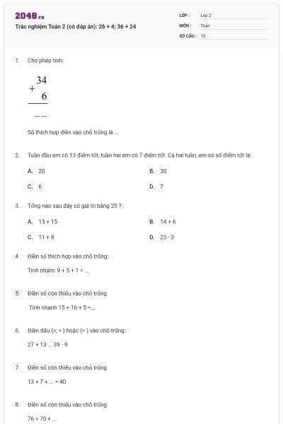 Trắc nghiệm Toán 2 (có đáp án): 26 + 4; 36 + 24