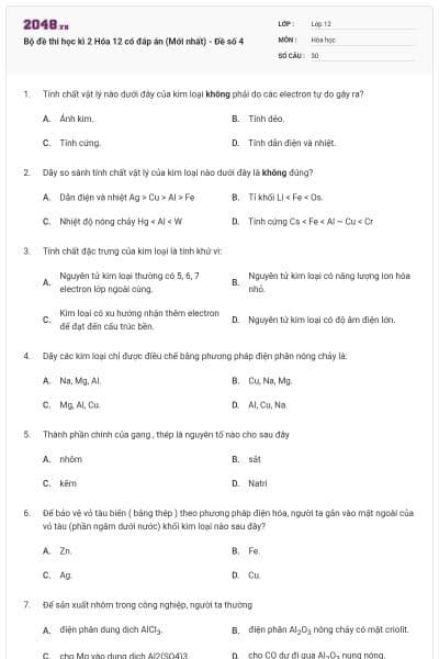 Bộ đề thi học kì 2 Hóa 12 có đáp án (Mới nhất) - Đề số 4