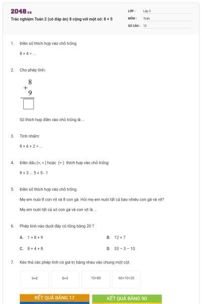 Trắc nghiệm Toán 2 (có đáp án) 8 cộng với một số: 8 + 5