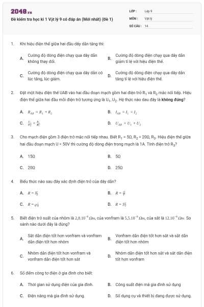Đề kiểm tra học kì 1 Vật lý 9 có đáp án (Mới nhất) (Đề 1)