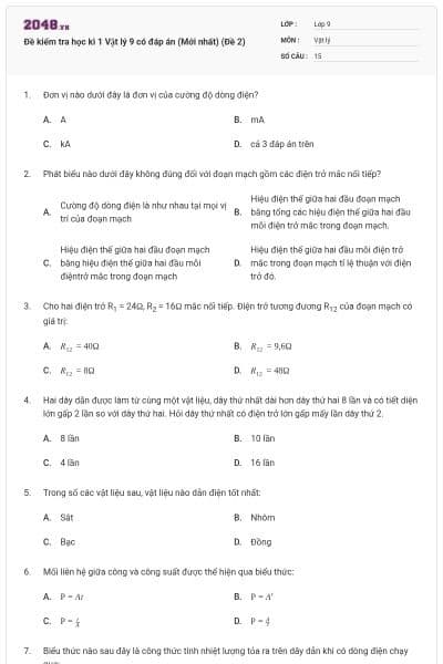 Đề kiểm tra học kì 1 Vật lý 9 có đáp án (Mới nhất) (Đề 2)