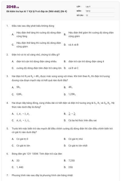 Đề kiểm tra học kì 1 Vật lý 9 có đáp án (Mới nhất) (Đề 4)