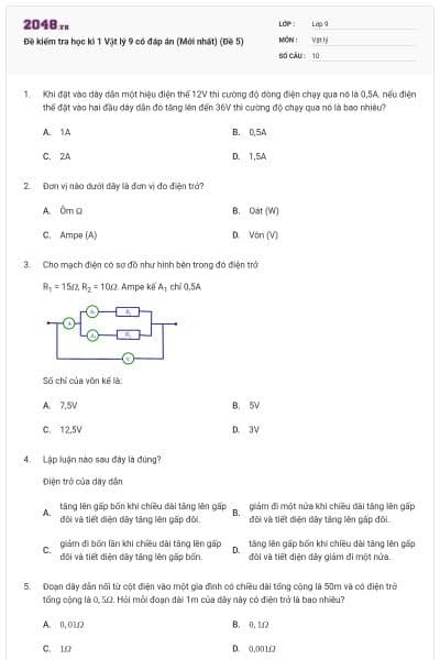 Đề kiểm tra học kì 1 Vật lý 9 có đáp án (Mới nhất) (Đề 5)