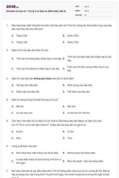 Đề kiểm tra học kì 1 Vật lý 9 có đáp án (Mới nhất) (Đề 6)