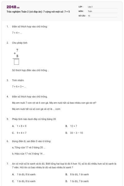 Trắc nghiệm Toán 2 (có đáp án): 7 cộng với một số: 7 + 5