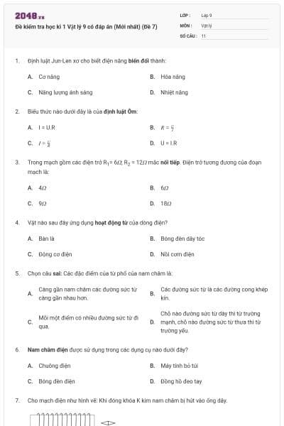 Đề kiểm tra học kì 1 Vật lý 9 có đáp án (Mới nhất) (Đề 7)