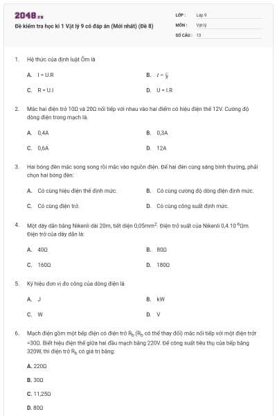 Đề kiểm tra học kì 1 Vật lý 9 có đáp án (Mới nhất) (Đề 8)