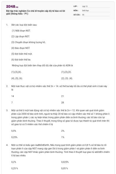 Bài tập trắc nghiệm Cơ chế di truyền cấp độ tế bào có lời giải (thông hiểu - P1)