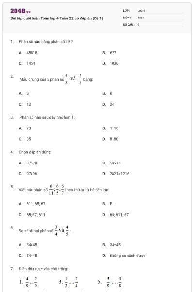 Bài tập cuối tuần Toán lớp 4 Tuần 22 có đáp án (Đề 1)