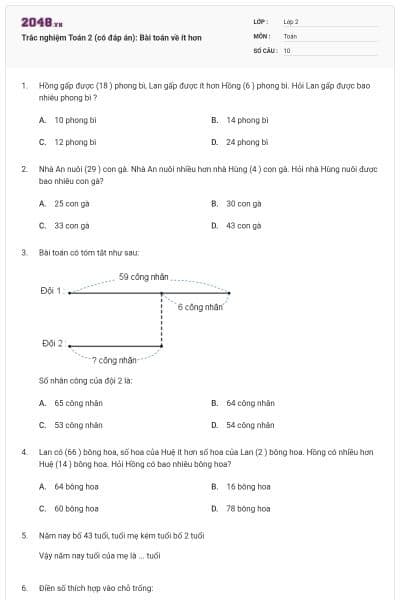 Trắc nghiệm Toán 2 (có đáp án): Bài toán về ít hơn