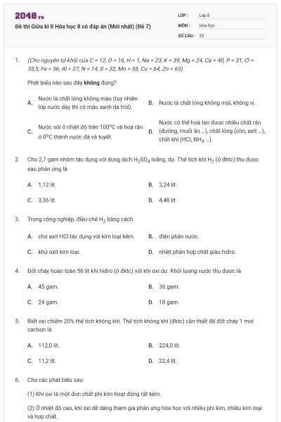Đề thi Giữa kì II Hóa học 8 có đáp án (Mới nhất) (Đề 7)