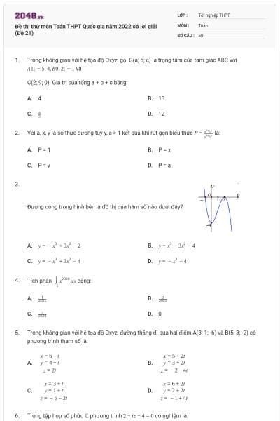 Đề thi thử môn Toán THPT Quốc gia năm 2022 có lời giải (Đề 21)