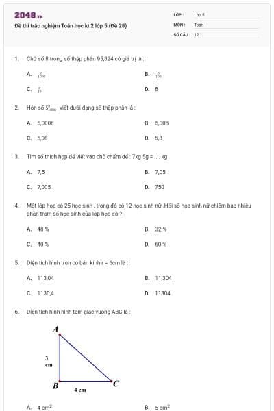 Đề thi trắc nghiệm Toán học kì 2 lớp 5 (Đề 28)