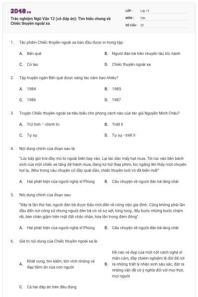 Trắc nghiệm Ngữ Văn 12 (có đáp án): Tìm hiểu chung về Chiếc thuyền ngoài xa