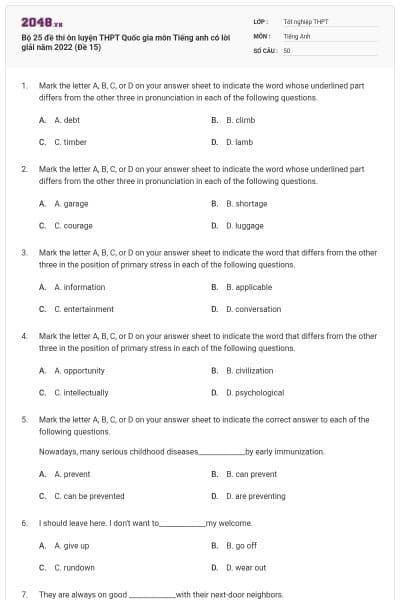 Bộ 25 đề thi ôn luyện THPT Quốc gia môn Tiếng anh có lời giải năm 2022 (Đề 15)