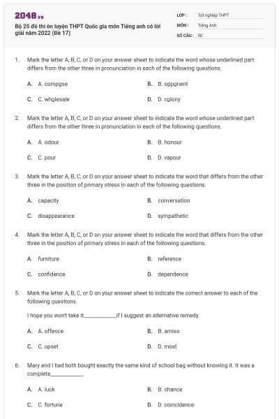 Bộ 25 đề thi ôn luyện THPT Quốc gia môn Tiếng anh có lời giải năm 2022 (Đề 17)