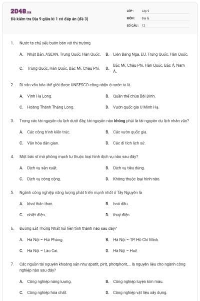 Đề kiểm tra Địa 9 giữa kì 1 có đáp án (đề 3)