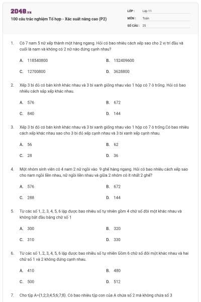 100 câu trắc nghiệm Tổ hợp - Xác suất nâng cao (P2)