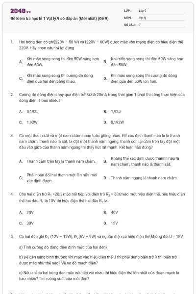 Đề kiểm tra học kì 1 Vật lý 9 có đáp án (Mới nhất) (Đề 9)