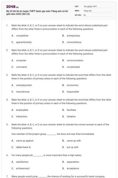 Bộ 25 đề thi ôn luyện THPT Quốc gia môn Tiếng anh có lời giải năm 2022 (Đề 23)