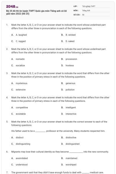Bộ 25 đề thi ôn luyện THPT Quốc gia môn Tiếng anh có lời giải năm 2022 (Đề 25)