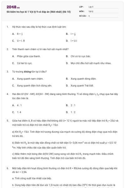 Đề kiểm tra học kì 1 Vật lý 9 có đáp án (Mới nhất) (Đề 10)