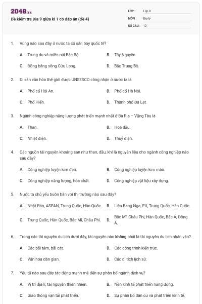 Đề kiểm tra Địa 9 giữa kì 1 có đáp án (đề 4)