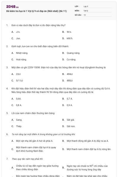Đề kiểm tra học kì 1 Vật lý 9 có đáp án (Mới nhất) (Đề 11)