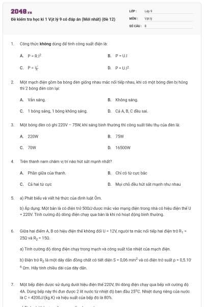 Đề kiểm tra học kì 1 Vật lý 9 có đáp án (Mới nhất) (Đề 12)