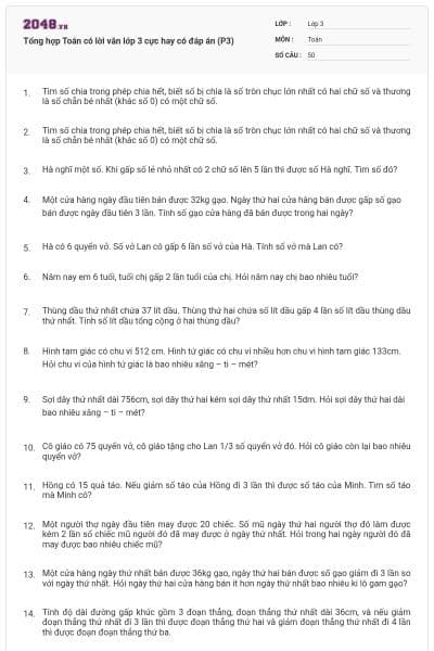 Tổng hợp Toán có lời văn lớp 3 cực hay có đáp án (P3)